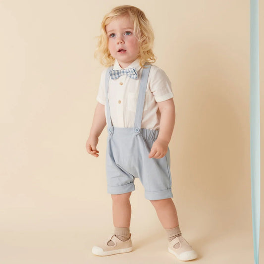 Designer Kidz Finley Linen Suspender Shorts- Ice Blue